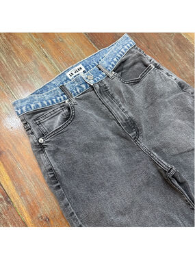 LE JEAN Double Waistband High Rise Straight Leg Jeans Frayed Hem Black Blue 29